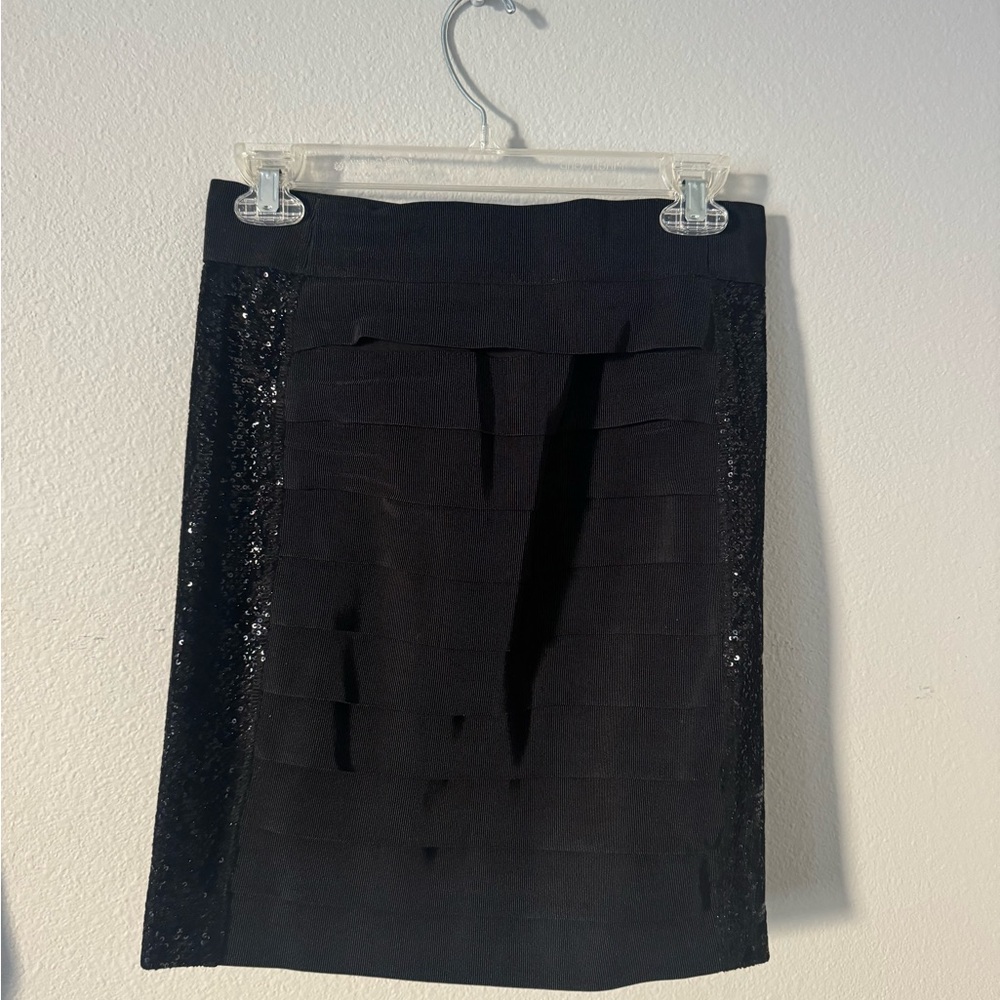 Tory Burch Black Tiered Pencil Skirt with Sequin Side Panels